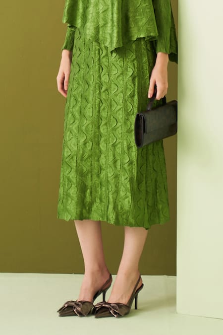 Pleats By Aruni_Green Crepe, Satin Round Neck Textured Top And Skirt Set _at_Aza_Fashions