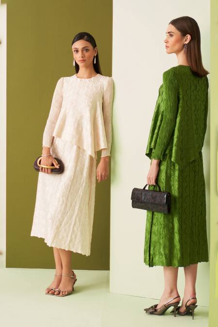Buy_Pleats By Aruni_Green Crepe, Satin Round Neck Textured Top And Skirt Set 