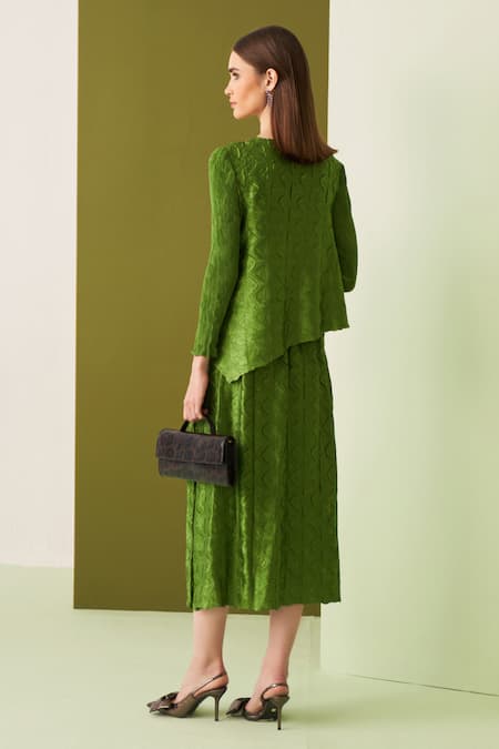 Shop_Pleats By Aruni_Green Crepe, Satin Round Neck Textured Top And Skirt Set _at_Aza_Fashions