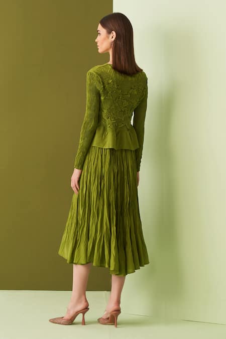 Pleats By Aruni Lime Green Textured Top & Skirt Set 