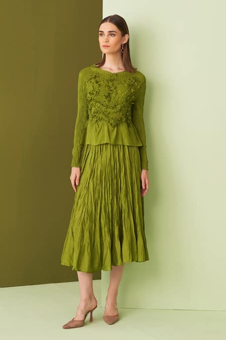 Pleats By Aruni_Green Crepe Embroidery Round Neck Lime Textured Top And Skirt Set _Online_at_Aza_Fashions