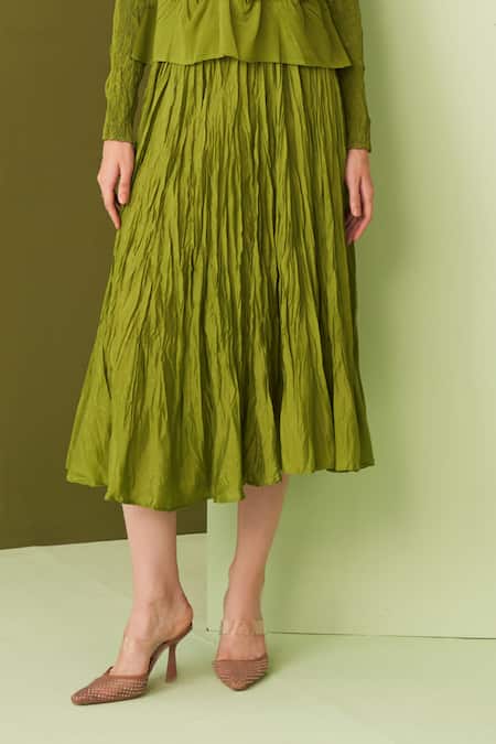 Buy_Pleats By Aruni_Green Crepe Embroidery Round Neck Lime Textured Top And Skirt Set _Online_at_Aza_Fashions