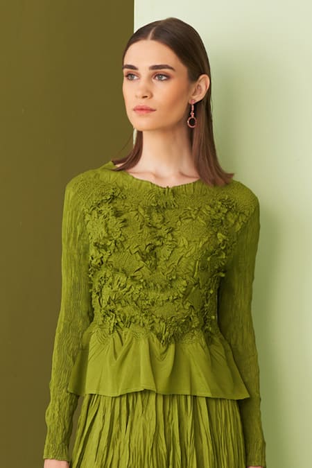 Shop_Pleats By Aruni_Green Crepe Embroidery Round Neck Lime Textured Top And Skirt Set _Online_at_Aza_Fashions
