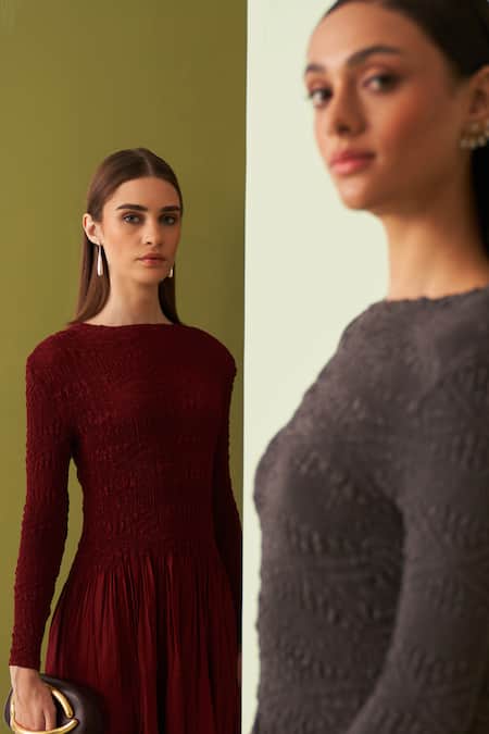 Pleats By Aruni_Maroon Crepe Round Neck Minsk Crushed Yoke Asymmetric Dress_Online_at_Aza_Fashions