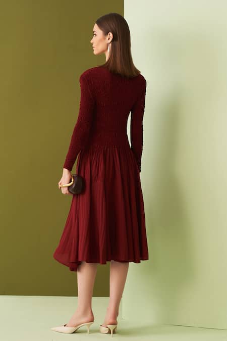 Shop_Pleats By Aruni_Maroon Crepe Round Neck Minsk Crushed Yoke Asymmetric Dress_at_Aza_Fashions