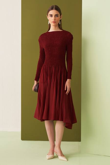Buy_Pleats By Aruni_Maroon Crepe Round Neck Minsk Crushed Yoke Asymmetric Dress_Online_at_Aza_Fashions