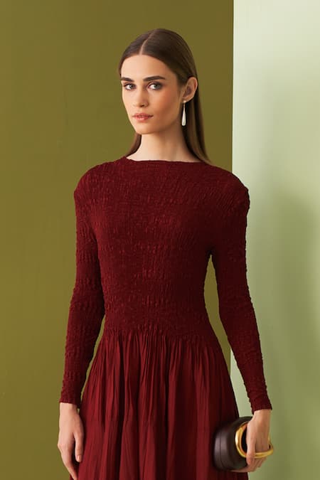 Shop_Pleats By Aruni_Maroon Crepe Round Neck Minsk Crushed Yoke Asymmetric Dress_Online_at_Aza_Fashions