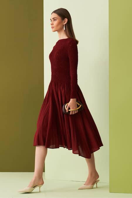 Pleats By Aruni_Maroon Crepe Round Neck Minsk Crushed Yoke Asymmetric Dress_at_Aza_Fashions