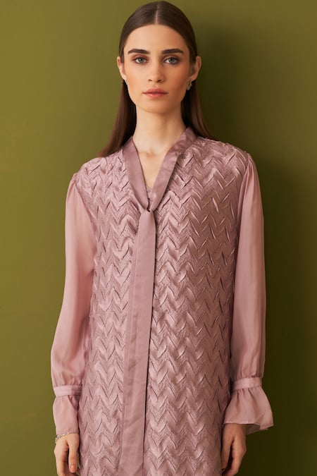 Pleats By Aruni Pink Crepe Embroidery Open Neck Chevron Pleat Dress With Tie-up Online at Aza Fashions Pleats By Aruni_Pink Crepe Embroidery Open Neck Chevron Pleat Dress With Tie-up _Online_at_Aza_Fashions