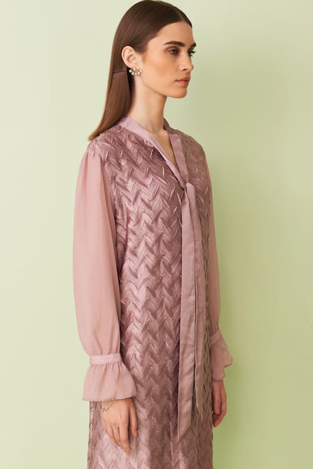 Pleats By Aruni Pink Crepe Embroidery Open Neck Chevron Pleat Dress With Tie-up at Aza Fashions Pleats By Aruni_Pink Crepe Embroidery Open Neck Chevron Pleat Dress With Tie-up _at_Aza_Fashions