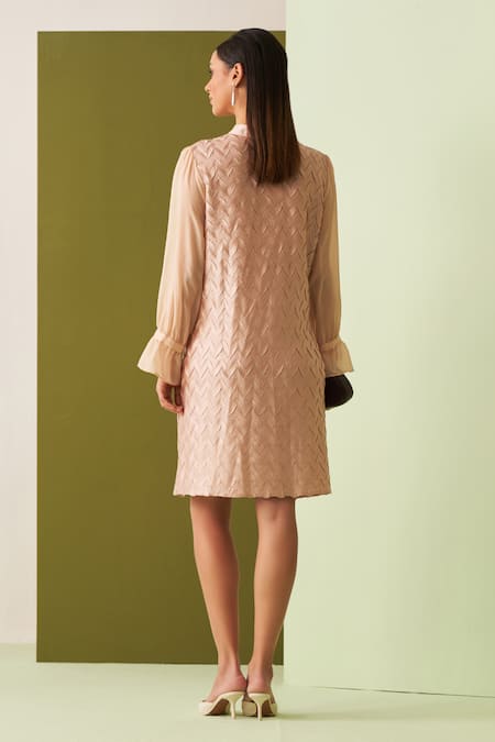 Shop_Pleats By Aruni_Pink Crepe, Satin Embroidery Open Neck Chevron Pleat Detailed Dress _at_Aza_Fashions