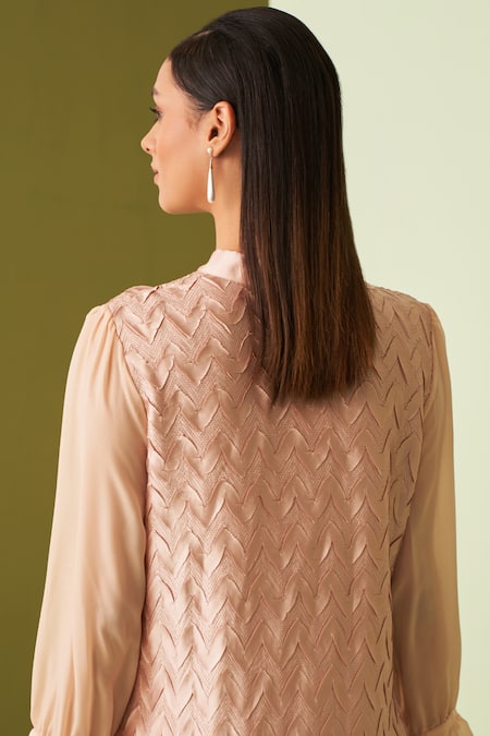 Buy_Pleats By Aruni_Pink Crepe, Satin Embroidery Open Neck Chevron Pleat Detailed Dress _Online_at_Aza_Fashions