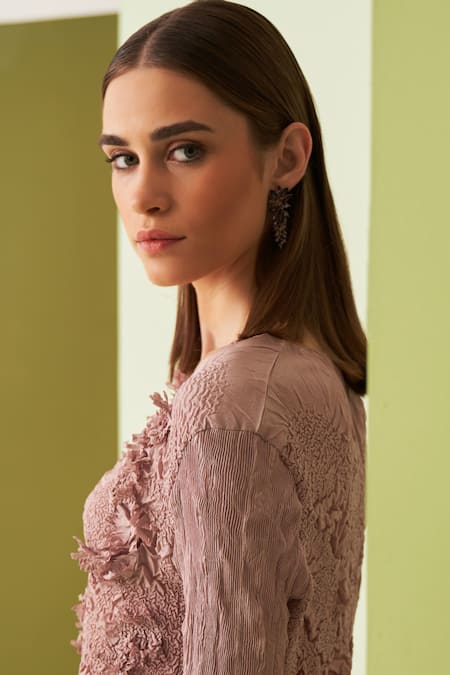 Pleats By Aruni_Pink Crepe Embroidery Round Neck Textured Top And Midi Skirt Set _Online_at_Aza_Fashions