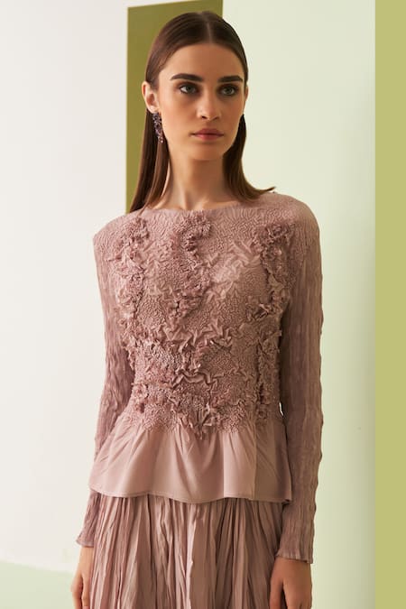 Buy_Pleats By Aruni_Pink Crepe Embroidery Round Neck Textured Top And Midi Skirt Set _Online_at_Aza_Fashions