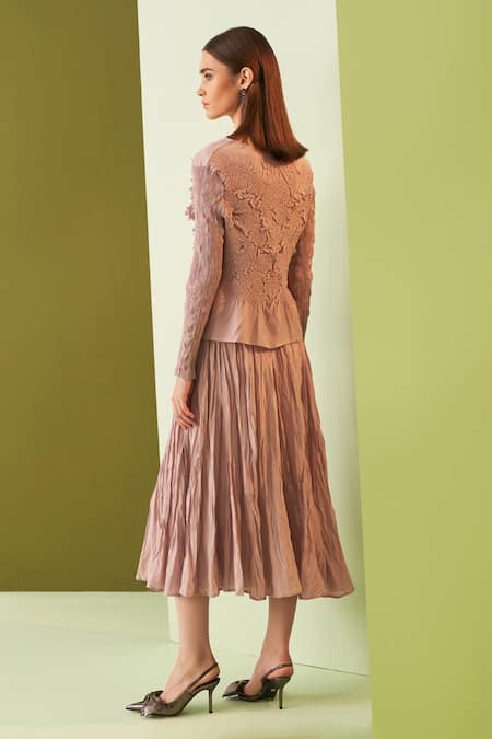 Pleats By Aruni Textured Pink Top & Midi Skirt Set 