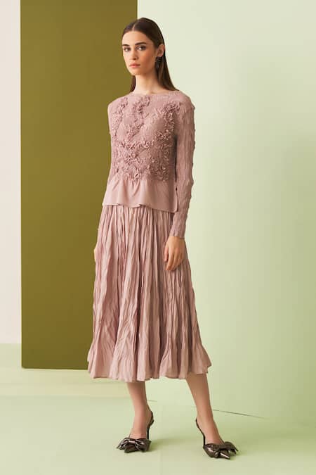 Shop_Pleats By Aruni_Pink Crepe Embroidery Round Neck Textured Top And Midi Skirt Set _Online_at_Aza_Fashions
