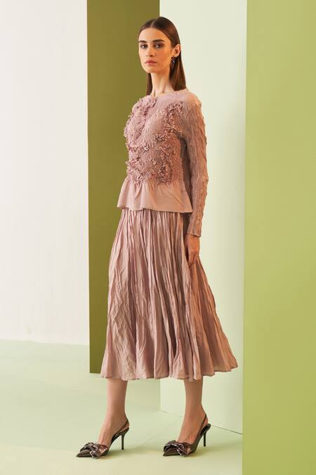 Pleats By Aruni_Pink Crepe Embroidery Round Neck Textured Top And Midi Skirt Set _at_Aza_Fashions