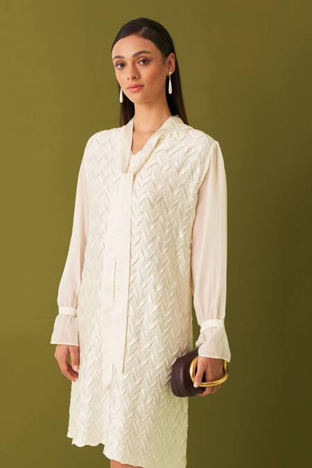 Pleats By Aruni White Crepe, Satin Embroidery Open Neck Chevron Textured Tie-up Dress Online at Aza Fashions Pleats By Aruni_White Crepe, Satin Embroidery Open Neck Chevron Textured Tie-up Dress _Online_at_Aza_Fashions