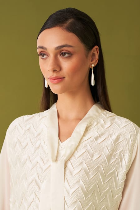 Buy Pleats By Aruni White Crepe, Satin Embroidery Open Neck Chevron Textured Tie-up Dress Online at Aza Fashions Buy_Pleats By Aruni_White Crepe, Satin Embroidery Open Neck Chevron Textured Tie-up Dress _Online_at_Aza_Fashions