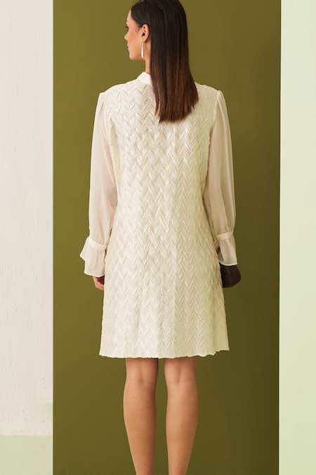 Shop Pleats By Aruni White Crepe, Satin Embroidery Open Neck Chevron Textured Tie-up Dress at Aza Fashions Shop_Pleats By Aruni_White Crepe, Satin Embroidery Open Neck Chevron Textured Tie-up Dress _at_Aza_Fashions