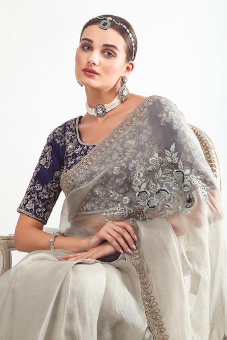 Mehak Talreja Couturre_Blue Organza Sequins, Diamonds Scoop Neck Floral Zardozi Pre-draped Saree Set _Online_at_Aza_Fashions