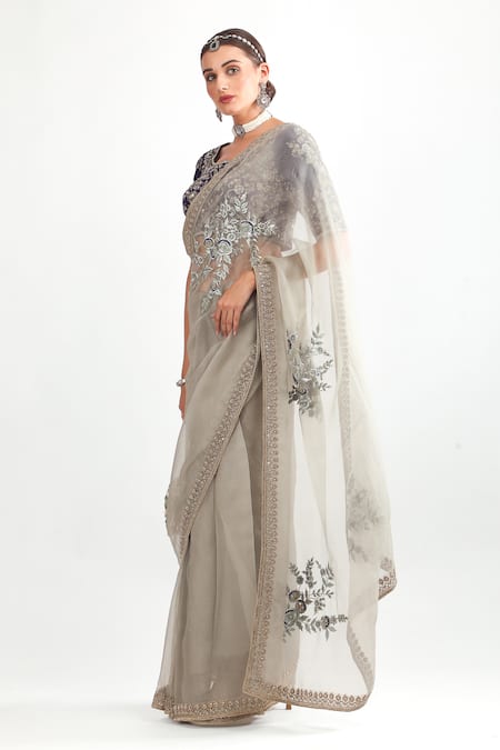 Buy_Mehak Talreja Couturre_Blue Organza Sequins, Diamonds Scoop Neck Floral Zardozi Pre-draped Saree Set _Online_at_Aza_Fashions
