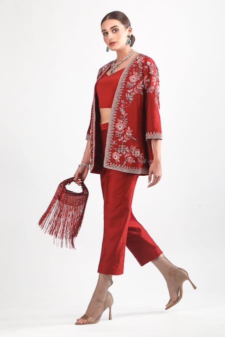 Mehak Talreja Couturre Red Chanderi Embroidery Open Neck Floral Jacket And Pant Set Online at Aza Fashions Mehak Talreja Couturre_Red Chanderi Embroidery Open Neck Floral Jacket And Pant Set _Online_at_Aza_Fashions