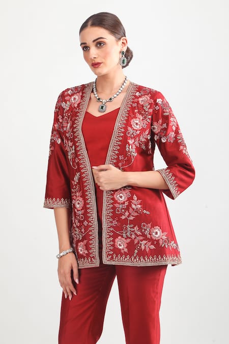 Buy Mehak Talreja Couturre Red Chanderi Embroidery Open Neck Floral Jacket And Pant Set Online at Aza Fashions Buy_Mehak Talreja Couturre_Red Chanderi Embroidery Open Neck Floral Jacket And Pant Set _Online_at_Aza_Fashions
