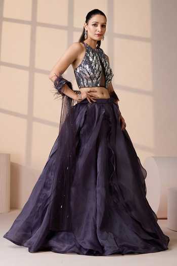 Buy Chaashni By Maansi And Ketan Purple Organza, Net Sequins, Cut Petal Panelled Lehenga And 3d Embroidered Blouse Buy_Chaashni By Maansi And Ketan_Purple Organza, Net Sequins, Cut Petal Panelled Lehenga And 3d Embroidered Blouse