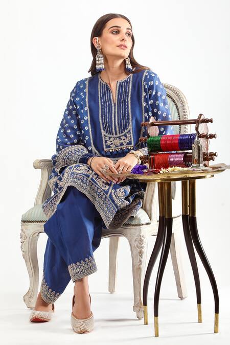 Mehak Talreja Couturre_Blue Chanderi Zari Open Neck Bandhani Zardozi Kurta Set _Online_at_Aza_Fashions