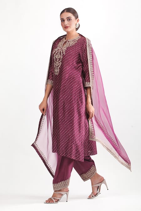 Buy_Mehak Talreja Couturre_Wine Chanderi Sequins, Zari, Embroidery Collared Zardozi Bandhani Kurta Set _Online_at_Aza_Fashions