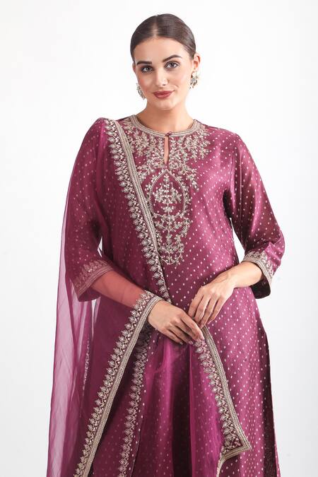 Shop_Mehak Talreja Couturre_Wine Chanderi Sequins, Zari, Embroidery Collared Zardozi Bandhani Kurta Set _Online_at_Aza_Fashions