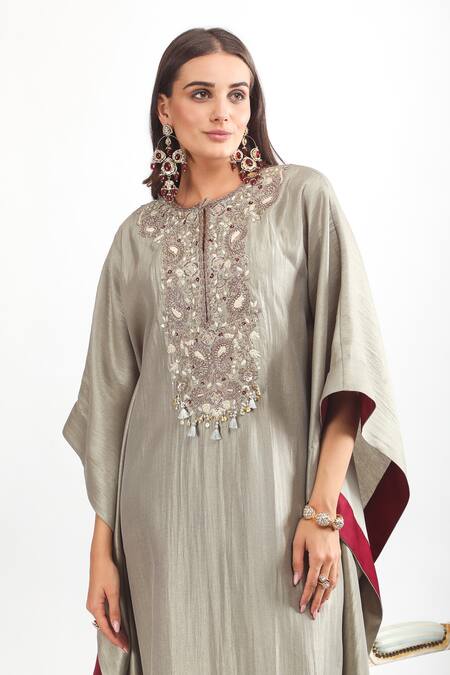 Buy Mehak Talreja Couturre Gray Silk Tassels Round Neck Paisley Embroidered Kaftan Set Online at Aza Fashions Buy_Mehak Talreja Couturre_Gray Silk Tassels Round Neck Paisley Embroidered Kaftan Set _Online_at_Aza_Fashions
