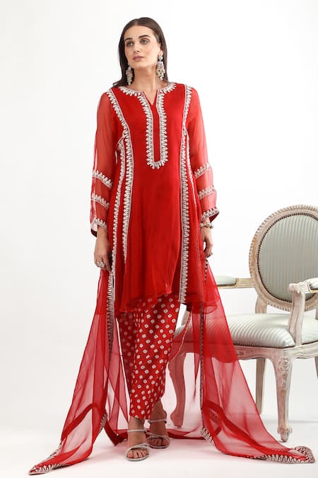 Shop Mehak Talreja Couturre Red Organza Embroidery Split V-neck Dori Sheer Kurta Set Online at Aza Fashions Shop_Mehak Talreja Couturre_Red Organza Embroidery Split V-neck Dori Sheer Kurta Set _Online_at_Aza_Fashions