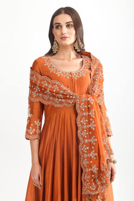 Mehak Talreja Couturre_Orange Chanderi Zari, Sequins, Embroidery Round Neck Reindeer Anarkali Set _Online_at_Aza_Fashions