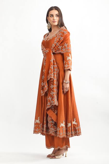 Shop_Mehak Talreja Couturre_Orange Chanderi Zari, Sequins, Embroidery Round Neck Reindeer Anarkali Set _Online_at_Aza_Fashions