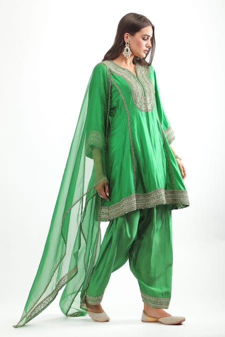 Mehak Talreja Couturre_Green Chanderi Embroidery, Zari, Sequins Zardozi Anarkali Set _Online_at_Aza_Fashions