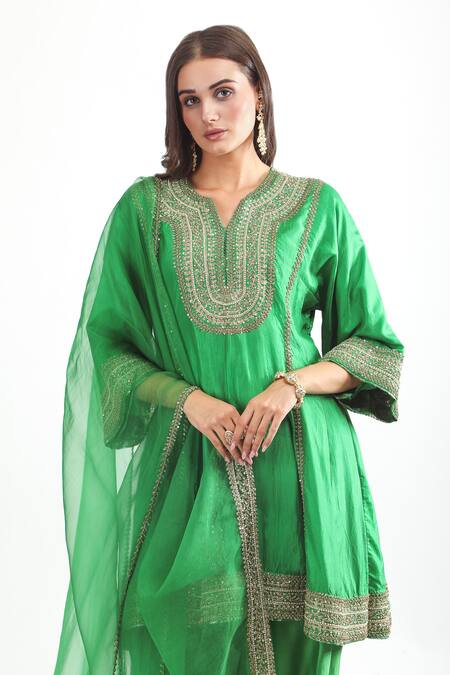 Buy_Mehak Talreja Couturre_Green Chanderi Embroidery, Zari, Sequins Zardozi Anarkali Set _Online_at_Aza_Fashions