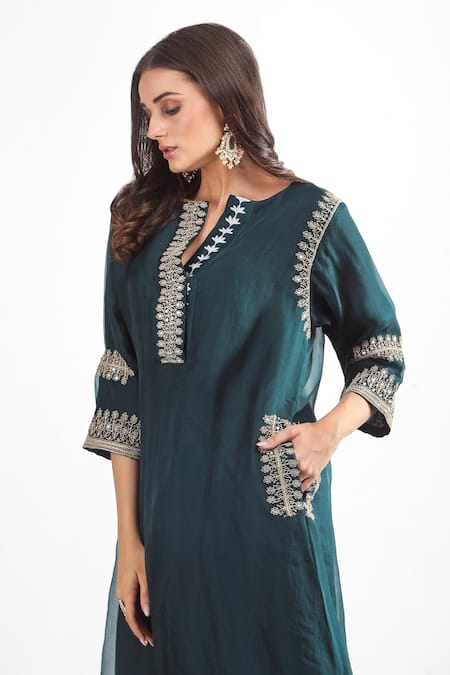 Buy Mehak Talreja Couturre Green Organza Embroidery Collared Teal Dori Kurta Set Online at Aza Fashions Buy_Mehak Talreja Couturre_Green Organza Embroidery Collared Teal Dori Kurta Set _Online_at_Aza_Fashions