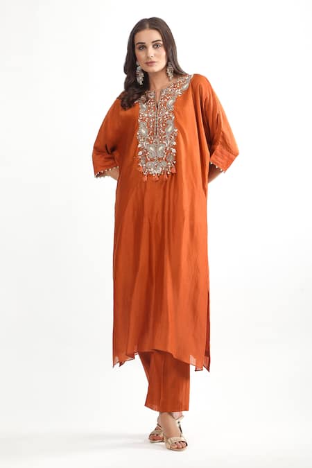 Mehak Talreja Couturre Orange Chanderi Tassels Open Neck Paisley Embroidered Kaftan Kurta Set Online at Aza Fashions Mehak Talreja Couturre_Orange Chanderi Tassels Open Neck Paisley Embroidered Kaftan Kurta Set _Online_at_Aza_Fashions