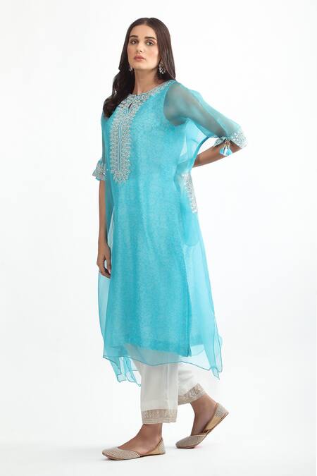 Mehak Talreja Couturre_Blue Organza Tassels Round Neck Dori Embroidered Sheer Kaftan Kurta _Online_at_Aza_Fashions