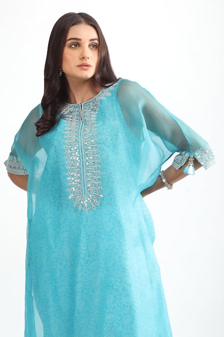Buy_Mehak Talreja Couturre_Blue Organza Tassels Round Neck Dori Embroidered Sheer Kaftan Kurta _Online_at_Aza_Fashions