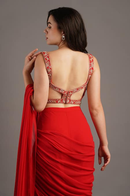 Maisolos Red Embroidered Pre-Draped Sharara Saree Set 