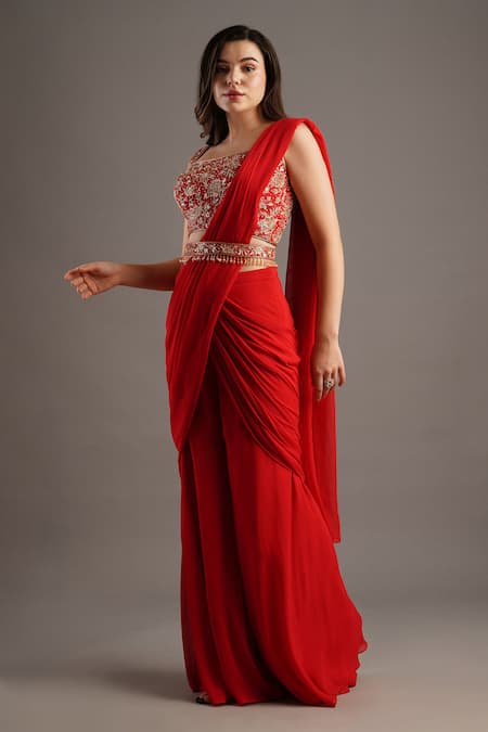 Maisolos_Red Georgette Embroidery Square Neck Pre-draped Sharara Saree Set _Online_at_Aza_Fashions