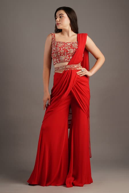 Shop_Maisolos_Red Georgette Embroidery Square Neck Pre-draped Sharara Saree Set _Online_at_Aza_Fashions