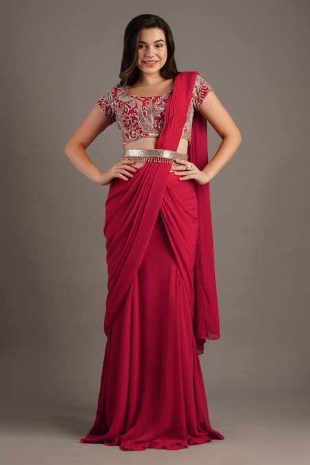 MAISOLOS Red Embroidered Pre-Draped Mermaid Saree Set 