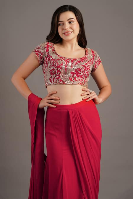 Buy_Maisolos_Red Georgette Embroidery Scoop Neck Pre-draped Mermaid Saree Set _Online_at_Aza_Fashions