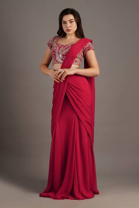 Shop_Maisolos_Red Georgette Embroidery Scoop Neck Pre-draped Mermaid Saree Set _Online_at_Aza_Fashions
