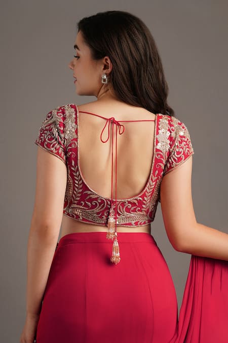 Maisolos_Red Georgette Embroidery Scoop Neck Pre-draped Mermaid Saree Set _at_Aza_Fashions