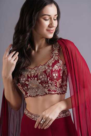 Maisolos_Red Net, Georgette Embroidery Square Neck Phool Jaal Blouse And Sharara Set _Online_at_Aza_Fashions